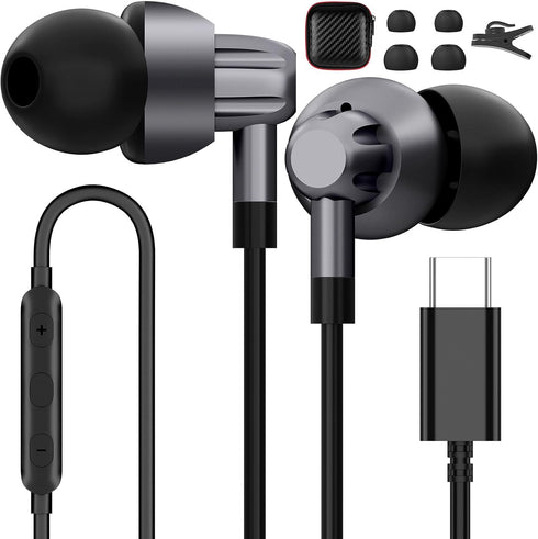 USB C Headphones for Samsung Galaxy S24, S23 Ultra, S22, S21 FE, USB Type C Earphones with Microphone, Metal-Grey
