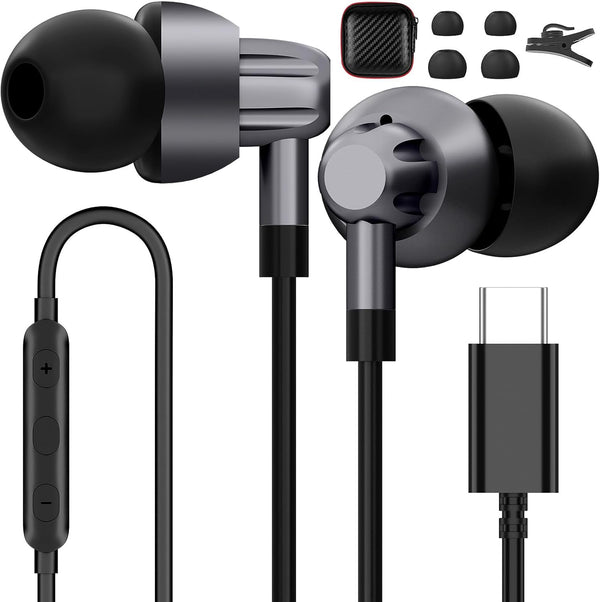 USB C Headphones for Samsung Galaxy S24, S23 Ultra, S22, S21 FE, USB Type C Earphones with Microphone, Metal-Grey