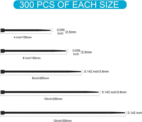 XINGO Black Cable Zip Ties, 1500 Pack Assorted Sizes 4+6+8+10+12 Inch, UV Resistant Nylon