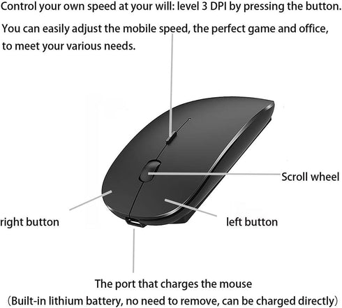 Bluetooth Mouse for iPad Pro, Rechargeable Wireless Mouse for MacBook, Chromebook, Windows Laptop (Black)
