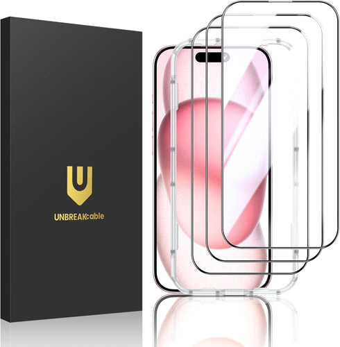 UNBREAKcable iPhone 15 Screen Protector 3-Pack, Shatterproof Tempered Glass, 9H Hardness, Easy Install, Full Coverage.