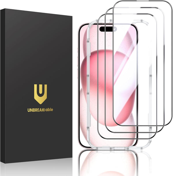 UNBREAKcable iPhone 15 Screen Protector 3-Pack, Shatterproof Tempered Glass, 9H Hardness, Easy Install, Full Coverage.