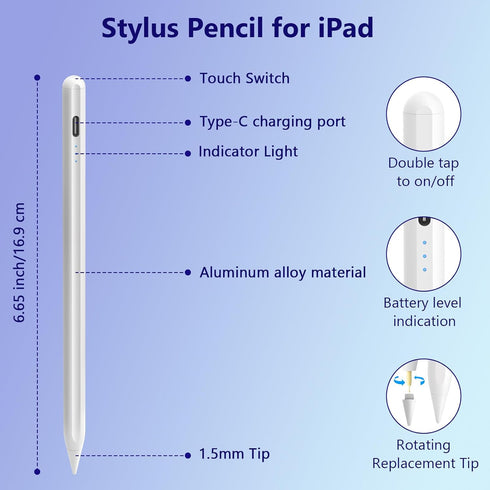 Apple Pencil Stylus Pen for iPad 10/9/8/7/6, iPad Air 5/4/3, iPad Pro (11/12.9), iPad Mini 6/5, Fast Charge