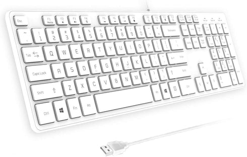 Wired USB Keyboard, Comfortable Quiet Chocolate Keys, Durable Ultra-Slim QWERTY Layout for PC, Windows 11/10/8/7 - White