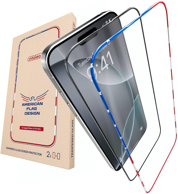 Screen Protector for 16 Pro Max, 2-Pack USA Flag & Black Frame, Tempered Glass Full Coverage