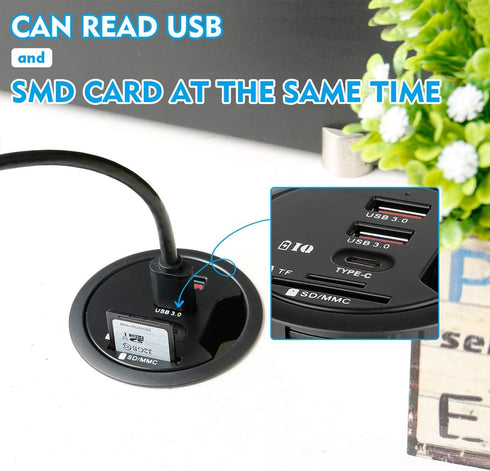 Grommet Desk-Fit USB 3.0 Hub, 2 Port Type-A and 1 Port Type-C with SD/TF Card Reader, Includes Power Adapter