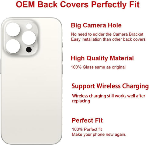 OEM Rear Back Glass Replacement for iPhone 15 Pro 6.1 inches with Repairing Tool Kit (White Titanium)