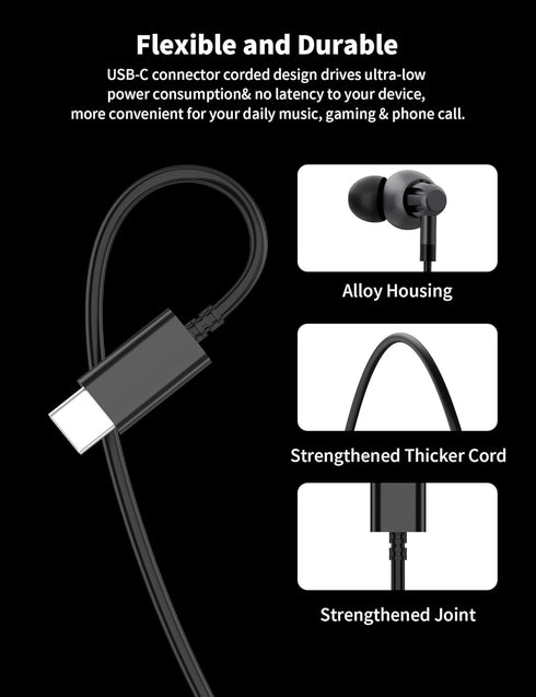USB C Headphones for Samsung Galaxy S24, S23 Ultra, S22, S21 FE, USB Type C Earphones with Microphone, Metal-Grey