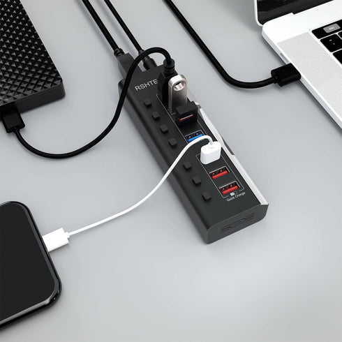 RSHTECH 7 Ports USB 3.0 Powered Hub with 4 High Speed Data Transfer + 3 Fast Charging Ports, 36W Adapter (A37-Black)