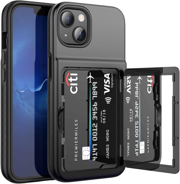 WeLoveCase iPhone 13/14 Wallet Case - Black, Shockproof, Credit Card Holder & Hidden Mirror, 6.1" Heavy Duty Protection.