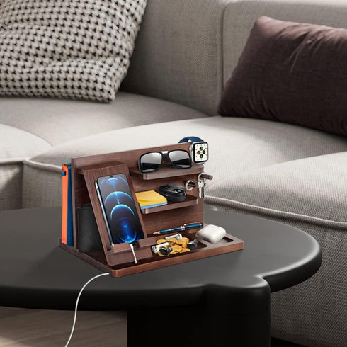 Gifts for Men, Wood Phone Docking Station, Key Holder Stand, Watch Organizer, Nightstand Gift for Husband, Dad, Birthday