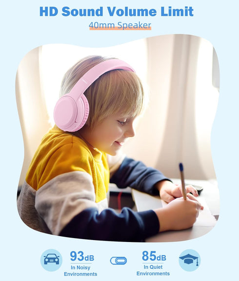 Kids Over-Ear Headphones, Bluetooth Wireless Headphones with Mic, 85/93dB Volume Limited, Stereo Sound, Wired AUX Cord