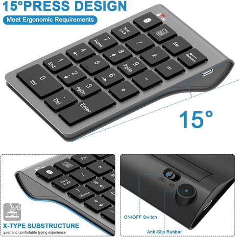 Bluetooth Number Pad Wireless & Wired 10 Key USB Keypad, Rechargeable Numpad for Laptops, Desktop, Computers