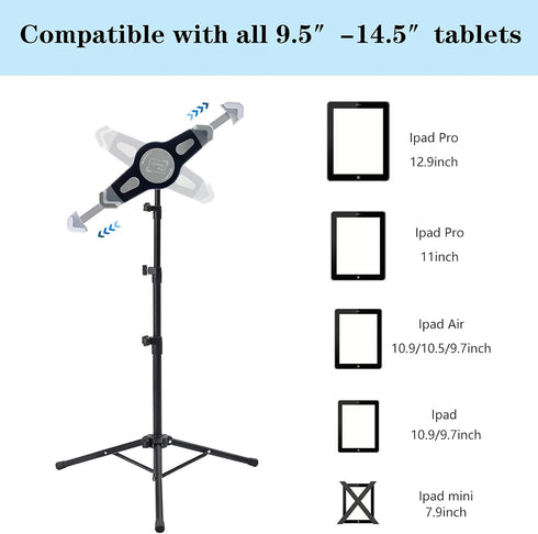 Raking 360 Pro12.9, 9.5-14.5 Inch Ipad Tripod Stand, Height Adjustable iPad Stand Floor, Tablet Holder Stand
