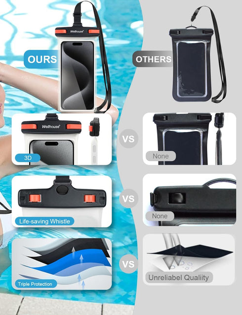 wellhouse Waterproof Phone Pouch for iPhone 15 14 13 12 Pro Max XS Samsung, IPX8 3D Cellphone Dry Bag, Black Red