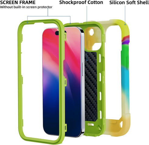 iPhone 15 Case, Rainbow Green, Heavy-Duty Shockproof Military-Grade Rugged Cover with Ring Stand, Glass Screen & Camera
