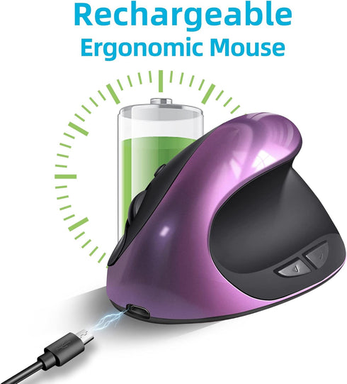 Ergonomic Wireless Mouse, Rechargeable Vertical Mouse for Right Handed with 6 Buttons for Laptop, Desktop, PC (Purple)
