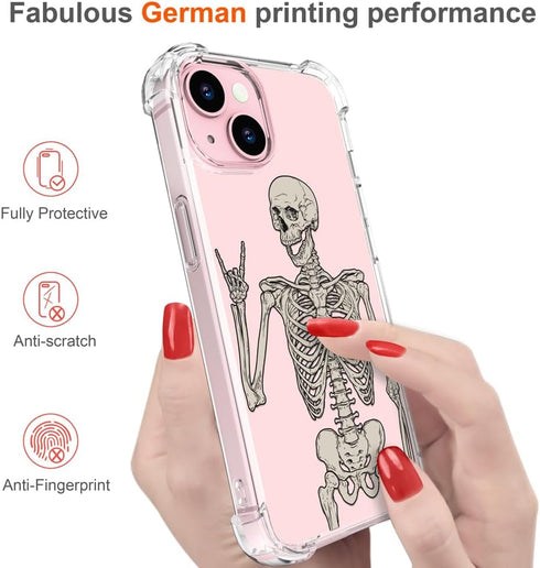 for iPhone 15 Case, Cute Skull Skeleton Clear Design, Girly Floral Transparent Case Compatible with iPhone 15