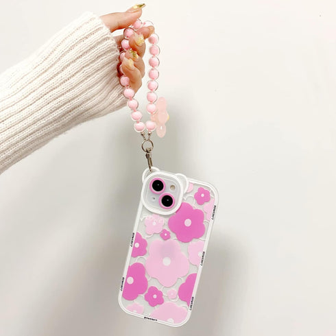 Clear Pink Floral Bear Camera Lens Case for iPhone 12, with Lovely Flower Bracelet Chain