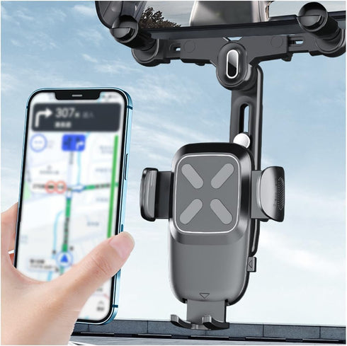 Rear View Mirror Phone Holder, 360° Rotatable + Retractable Universal Multifunctional Phone Mount for All Cars