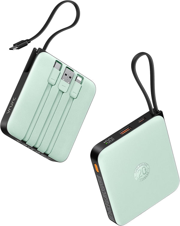 Portable Charger USB C VRURC, 10000mAh Power Bank with Built-in Cable, 20W Battery Pack for iPhone 15 14 Samsung Galaxy