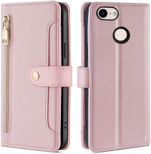 Asuwish Phone Case for Google Pixel 3 XL, Rose Gold Zipper Leather Wallet Cover with Screen Protector, Flip Stand,