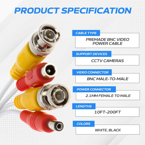 20FT White BNC Video Power Cable Extension Wire for CCTV, Security Camera, DVR, Surveillance System, Plug & Play