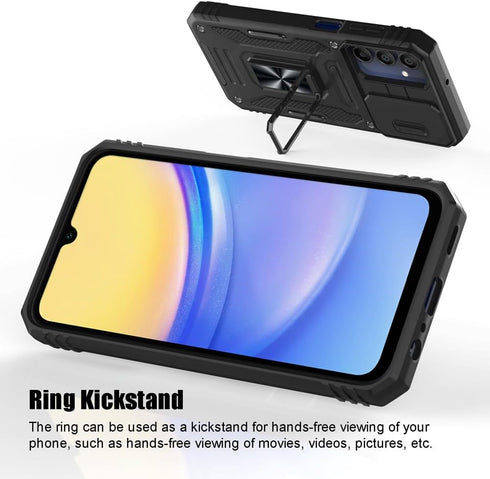 Shockproof Phone Case & Sliding Camera Cover & Ring Holder Kickstand with Screen Protector for Samsung Galaxy A15 5G