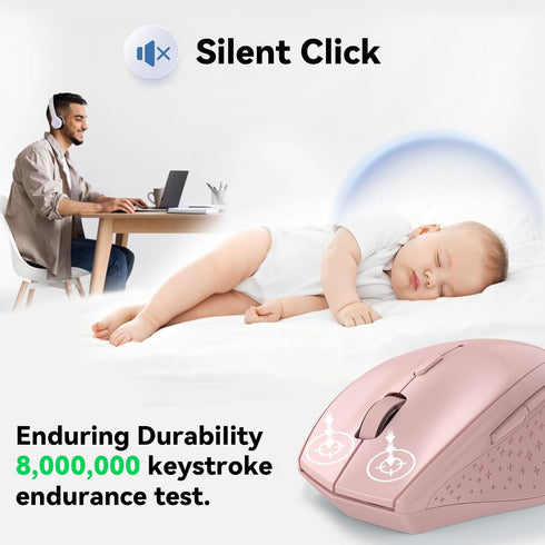 TECKNET Wireless Mouse, 2.4G USB Computer Mouse with 6-Level Adjustable 4800 DPI, Ergonomic Grips, Pink