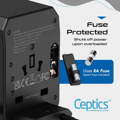 Ceptics Universal Travel Plug Adapter - 33W with PD & QC 3.0 USB-C Fast Charging, 2 USB Ports