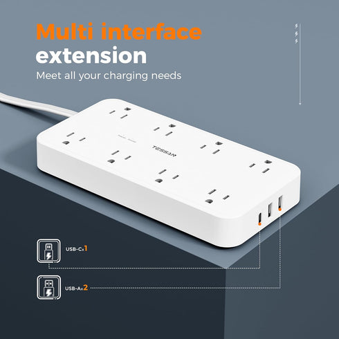 Power Strip with Surge Protection, TESSAN Flat Plug Extension Cord with 8 Outlets, 3 USB Ports (1 USB C)