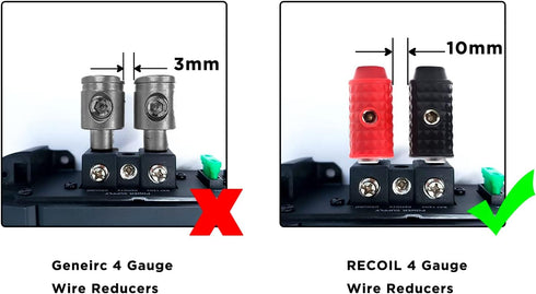 Recoil WR48P Amplifier Power/Ground Input Wire Gauge Reducer, 4 Gauge to 8 Gauge with Red/Black Silicon Covers