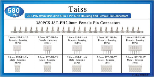 Taiss 580PCS JST PH Connector Kit, 2.0mm 2/3/4/5/6Pin Housing, Female and Male Adapter Cable Connector Plug