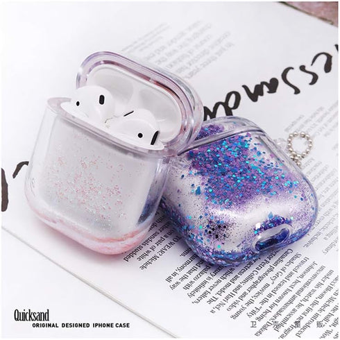 UnnFiko Bling Quicksand Case for AirPods 3 - Cute Sparkle Liquid Protective Cover with Keychain (Purple).