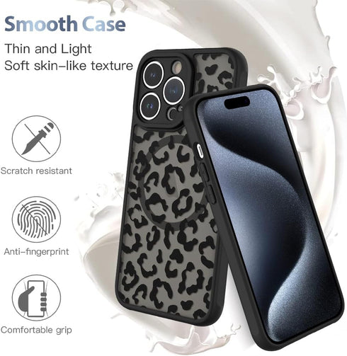 AIGOMARA iPhone 15 Pro Case - Black Leopard Pattern, MagSafe Compatible, Soft TPU Bumper, Hard PC Back, Shockproof Slim