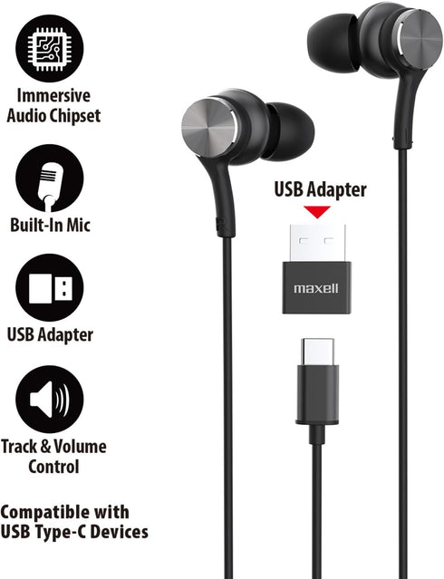 Immersive Chipset, 197299 Maxell USB-C Wired Earbuds with USB-A Adapter, Built-in Microphone with Volume and Track