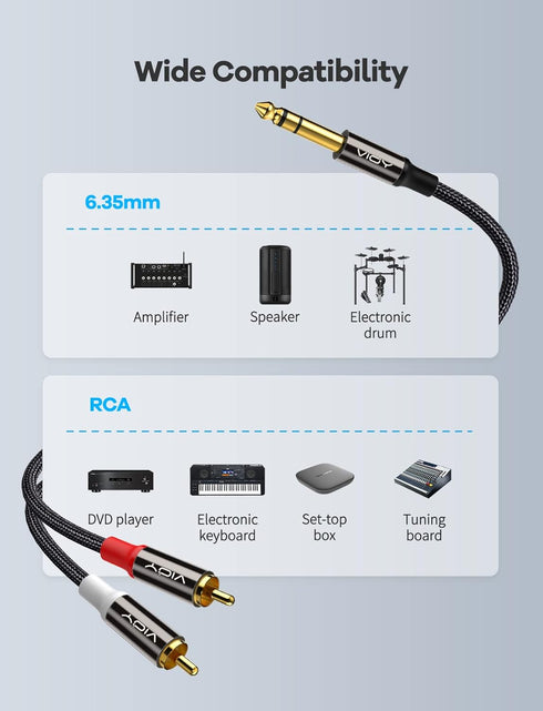 VIOY 6 FT Dual RCA to 1/4 Audio Cable - Gold Plated Copper Shell Heavy Duty 6.35 mm TRS Jack to 2 RCA Phono