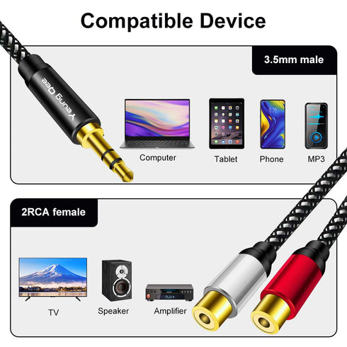 Yeung Qee 3.5mm to 2RCA Female Cable, 3ft Male to 2 RCA Female Jack Stereo Audio Y Adapter for iPod, Tablets, Speaker