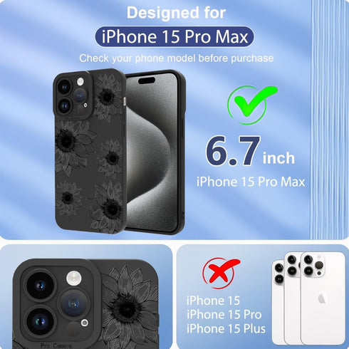 OOK Floral Case for iPhone 15 Pro Max, Cute Sunflower Design, Soft TPU Shockproof Cover for Women - Black Flower