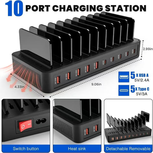 Haioulun 100W 10-Port 5 5 Smart Charging Station | USB-A & USB-C Ports | Organized Design for Cellphones, Tablets