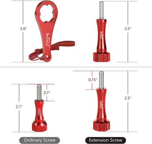 HSU Aluminum Alloy Thumbscrew Set (Extension)+ Wrench for Gopro Hero 12, 11, 10, 9, 8, 7, 6, 5, 4, Compatible with GoPro Media Mod, AKASO Campark and Other Action Cameras (Red)