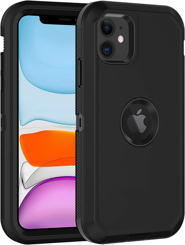 for iPhone 11 Case, Built-in Screen Protector Heavy Duty Drop Protection, Full Body Rugged Shockproof Cover - Black