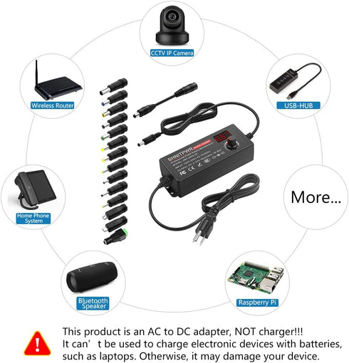 SHNITPWR Universal AC to DC Adapter, 3V ~ 24V 2A 48W Switching Power Supply with 14 Tips & Polarity Converter