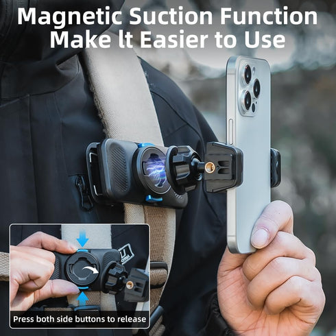 Rugvis Backpack 360 17/16/15 Magnetic Phone Clip Mount for Strap, Rotating Hands-Free Phone Holder Compatible