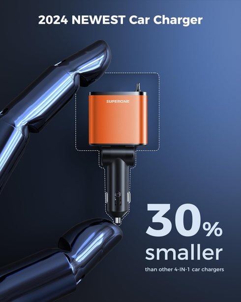 SUPERONE 4 in 1 Fast Car Charger, Smaller Retractable 69W with 2.6ft Cord, USB C & Apple Adapter for iPhone 15/15 Pro
