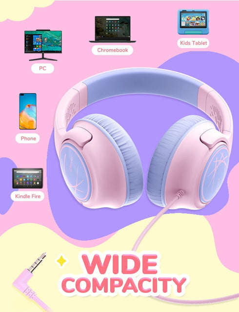iClever Kids Headphones with Cord, 85dBA Safe Volume Wired Headphones for Kids, Over Ear for School/Tablet (Pink)
