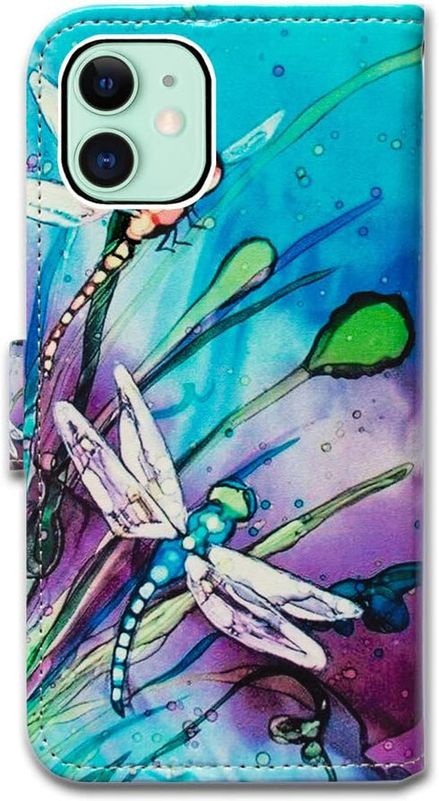 Cute Dragonfly Leather Flip Phone Case Wallet Cover for iPhone 12 Mini with Card Slot Holder Kickstand