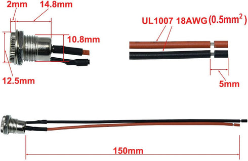 FILSHU 5.5 x 2.1 MM DC Power Jack Socket - Threaded Female Mount Connector Adapter with 15CM 18AWG Cable