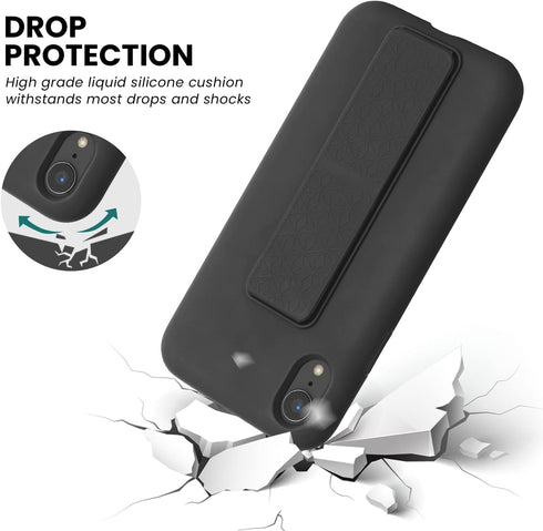 LAUDTEC iPhone XR Case Compatible, Silicone Kickstand with Hand Strap, Flexible Soft Liquid Silicone Stand Case - Black