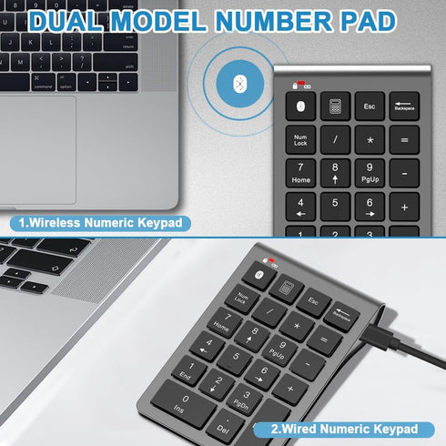 Bluetooth Number Pad Wireless & Wired 10 Key USB Keypad Two in One, Rechargeable Numpad for Laptops, Desktop, Computers Accessories Compatible with MacBook iPads ChromeBook EliteBook Notebook etc.